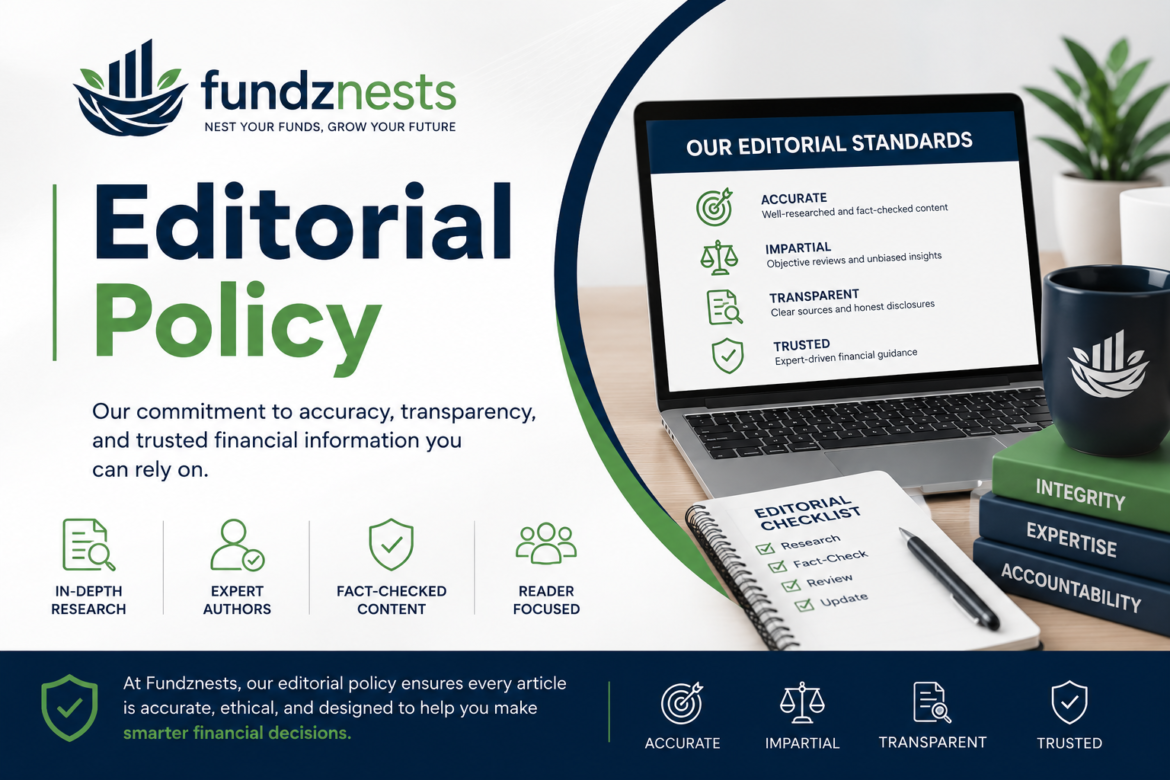 Fundznests Editorial Policy illustration showing fact-checking, expert financial research, transparency, editorial standards, and trusted finance content.